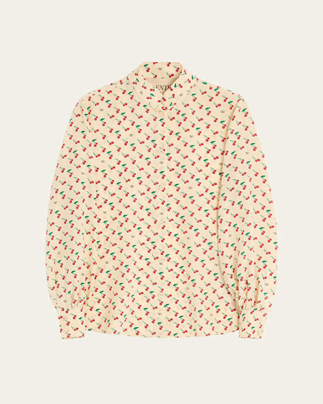 Cherry Print Crepe De Chine Button-Down Blouse